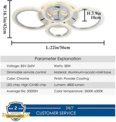 Modern Ceiling Light 58W Dimmable Flush Mount LED Ceiling Lamp 4 Rings Acrylic Ceiling Chandelier for Living Room Dining Room Bedroom,Chrome