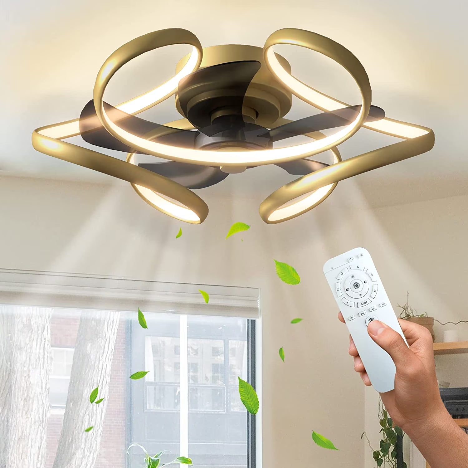 Ceiling Fan with Light Low Profile Modern Ceiling Fan with Remote 6 Speeds 3 Colors Dimmable Bladeless Flush Mount Ceiling Fans Reversible Geometric for Living Room Bedroom Kitchen Gold