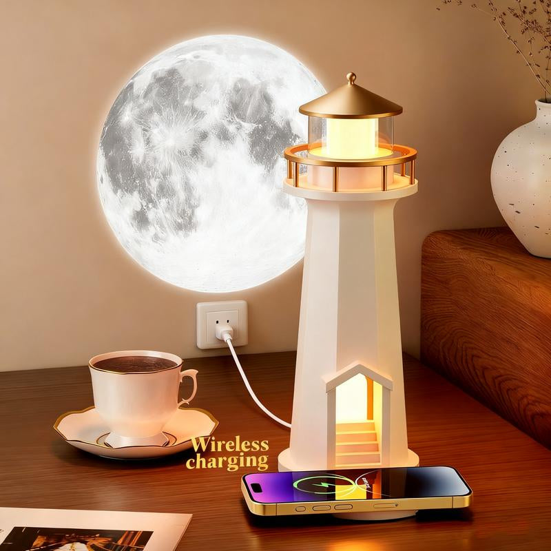 Lighthouse Ambient Lamp with Bluetooth Speaker, Support Wireless Phone Charging, Music Playing and with Moon Projection, Multi-Color Dimmable Night Light Unique Gift for Bedroom & Home Décor