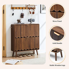 Giratree Shoe Storage Cabinet for Entryway with 2 4 Flip Drawers, Freestanding Narrow Wood Shoe Cabinet with Wave Panel, Hidden Shoe Organizer for Foyer, Hallway