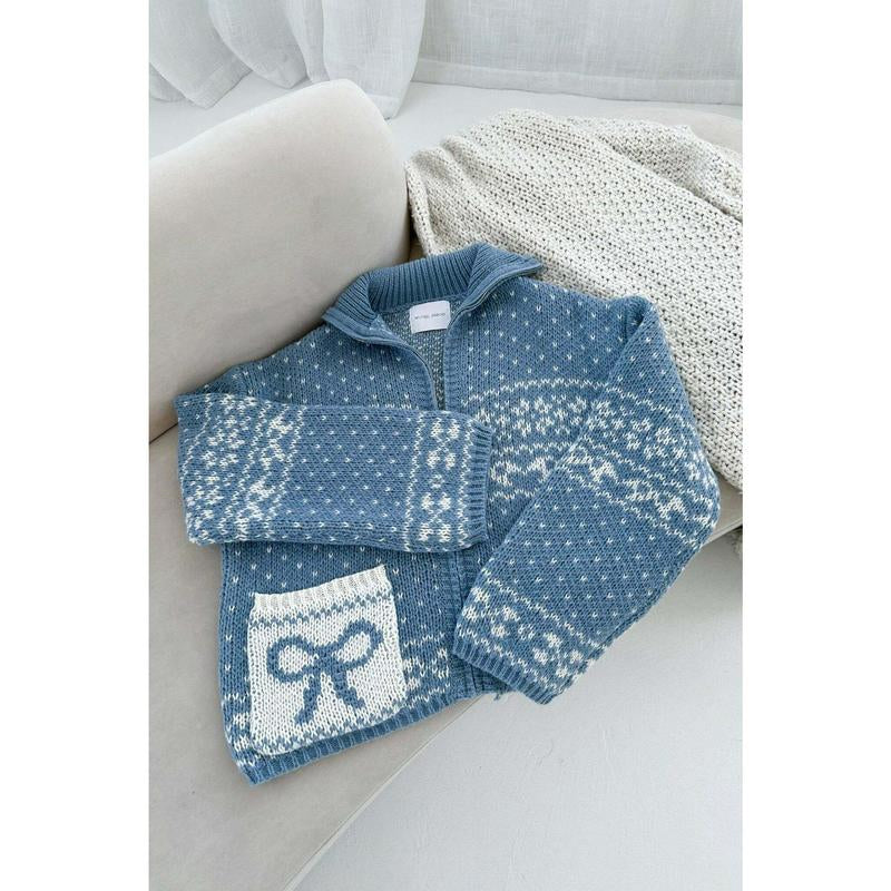 Claire Ribbon Zip up Cardigan in Dusty Blue