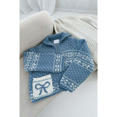 Claire Ribbon Zip up Cardigan in Dusty Blue