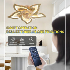 Flower Ceiling Fans with Lights and Remote, 24 Inch Modern Low Profile Flush Mount Ceiling Fan, Dimmable LED Ceiling Light Fixture, Small Ceiling Fans for Bedroom, Kitchen, Indoor-GOLD