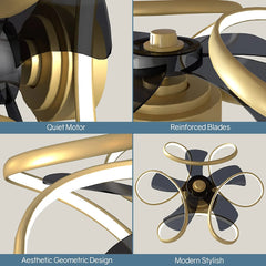 Ceiling Fan with Light Low Profile Modern Ceiling Fan with Remote 6 Speeds 3 Colors Dimmable Bladeless Flush Mount Ceiling Fans Reversible Geometric for Living Room Bedroom Kitchen Gold