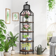 Tribesigns 4-Tier Narrow Tall Bookshelf Rustic Corner Book Shelf Freestanding Display Shelves Flower Metal Organiser, Wood Rack for Living Room Decoration Plant