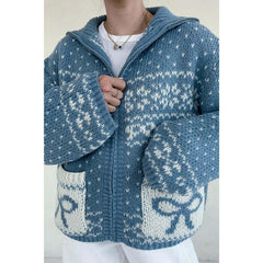 Claire Ribbon Zip up Cardigan in Dusty Blue