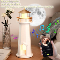 Lighthouse Ambient Lamp with Bluetooth Speaker, Support Wireless Phone Charging, Music Playing and with Moon Projection, Multi-Color Dimmable Night Light Unique Gift for Bedroom & Home Décor
