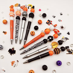 8PCS Black Orange Halloween Pumpkin Devil Castle Bat Theme DIY Bead Ballpoint Pen Acrylic Bead DIY Set DIY Bead Supplies, Paired with Colorful Halloween Pendant, Suitable for Office and Study Supplies for Party and Birthday Gifts to Friends