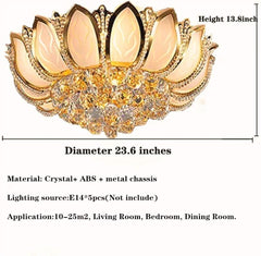 23.6Inch Lotus LED Crystal Ceiling Lighting Chandelier with Remote,Luxury Flush Mount Ceiling Light Pendant Lamp Fixture for Livingroom Bedroom