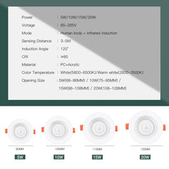 LED Downlights PIR Motion Sensor down Light 5W 10W 15W 20W Recessed Ceiling Light Cold White Night Lamp LED Spotlight Downlight