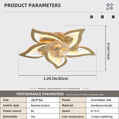 Flower Ceiling Fans with Lights and Remote, 24 Inch Modern Low Profile Flush Mount Ceiling Fan, Dimmable LED Ceiling Light Fixture, Small Ceiling Fans for Bedroom, Kitchen, Indoor-GOLD