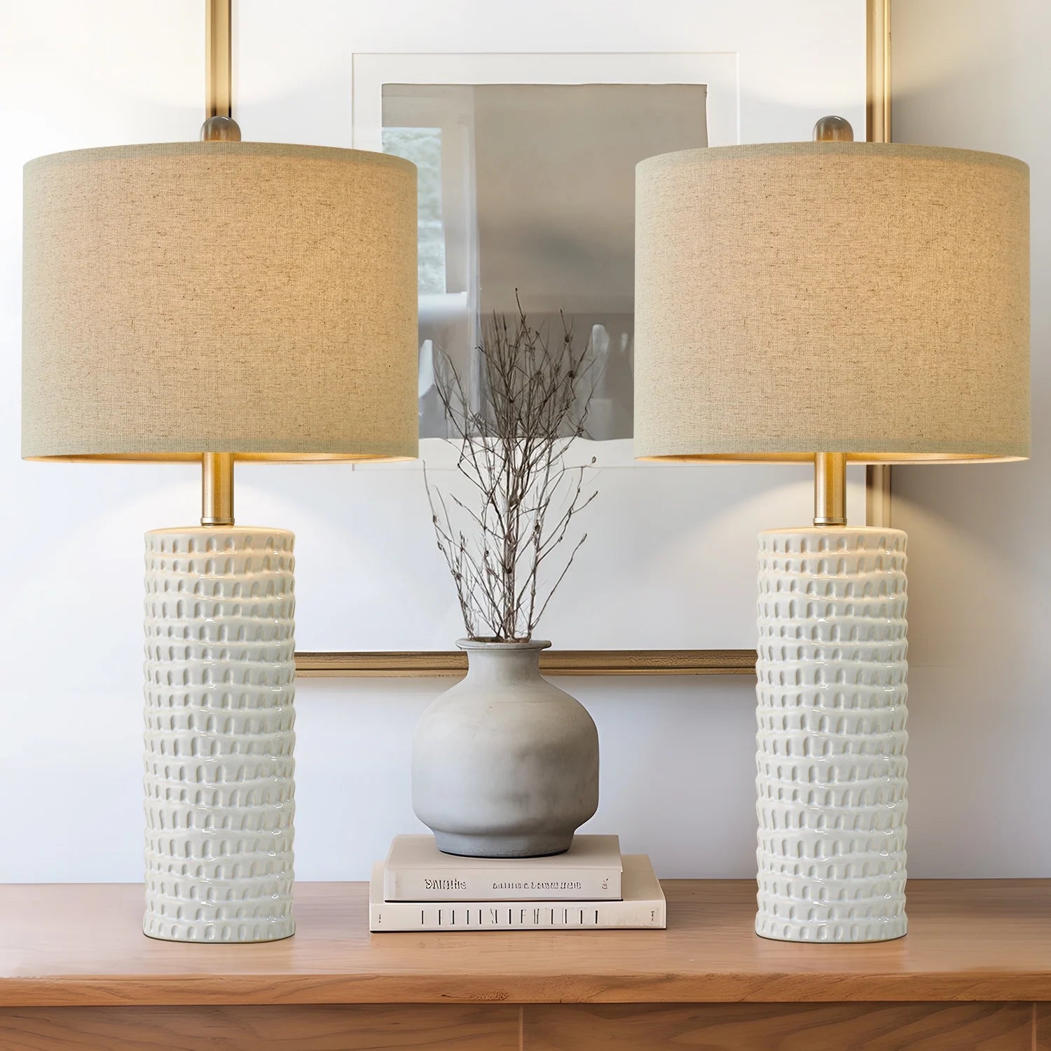 Ceramic Table Lamp Set of 2 24" White Contemporary Bedside Nightstand Lamps for Bedroom Living Room