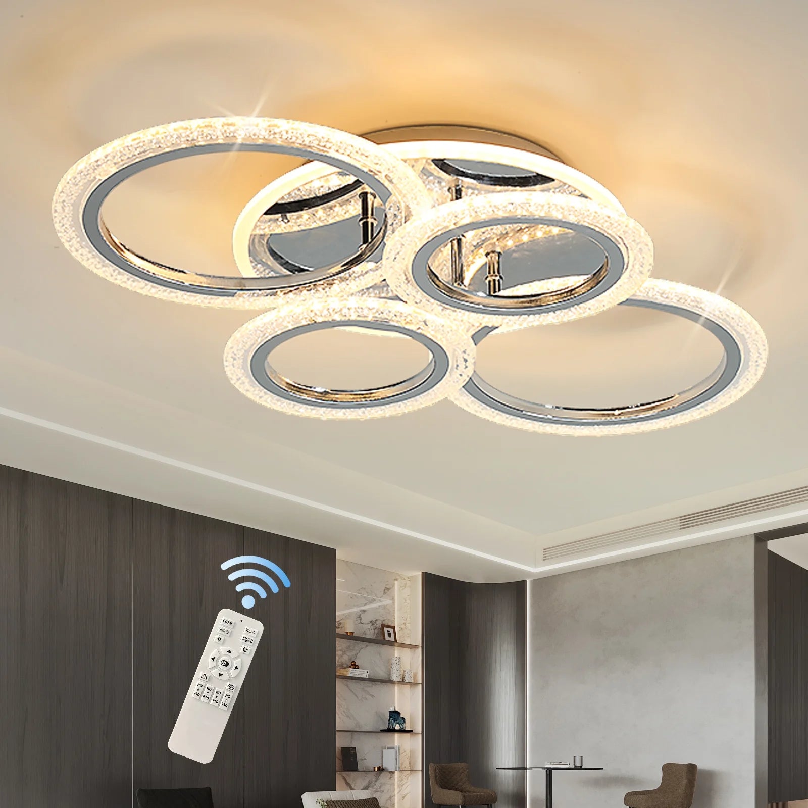 Modern Ceiling Light 58W Dimmable Flush Mount LED Ceiling Lamp 4 Rings Acrylic Ceiling Chandelier for Living Room Dining Room Bedroom,Chrome