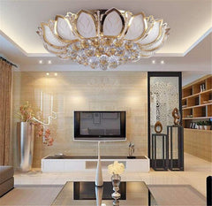 23.6Inch Lotus LED Crystal Ceiling Lighting Chandelier with Remote,Luxury Flush Mount Ceiling Light Pendant Lamp Fixture for Livingroom Bedroom