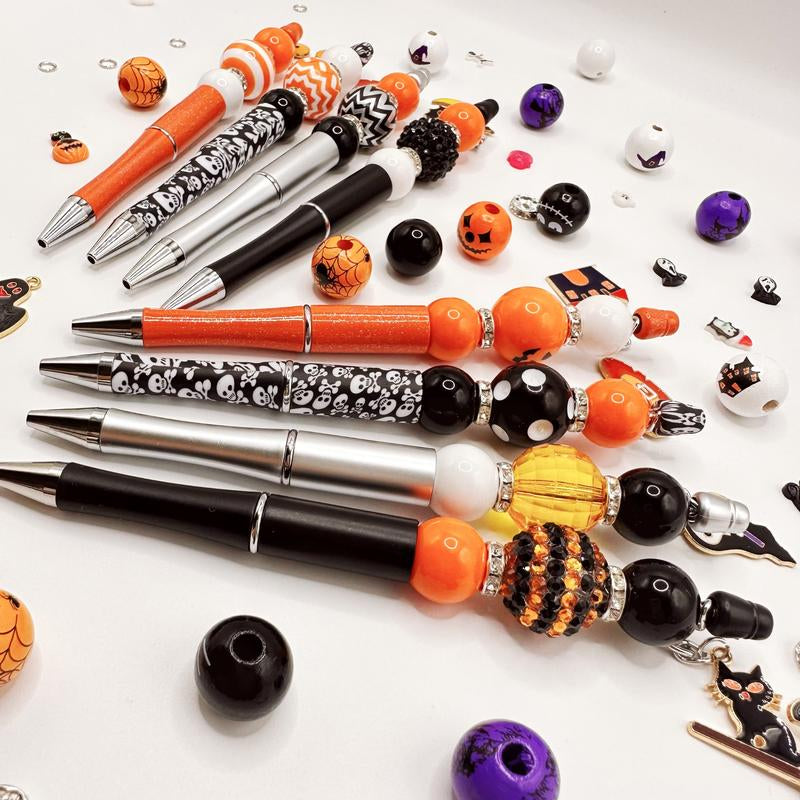 8PCS Black Orange Halloween Pumpkin Devil Castle Bat Theme DIY Bead Ballpoint Pen Acrylic Bead DIY Set DIY Bead Supplies, Paired with Colorful Halloween Pendant, Suitable for Office and Study Supplies for Party and Birthday Gifts to Friends