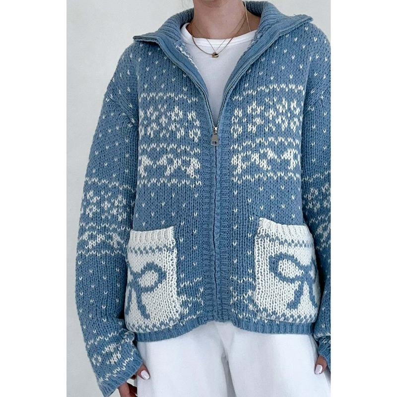 Claire Ribbon Zip up Cardigan in Dusty Blue