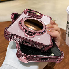 Women'S Phone Case with Mirror & Stand for Iphone 17 Promax/Pro/Air. Features a Pink Chrome Alloy Frame, High-Definition Transparent Material, Reinforced Corner Protection, and Full-Body Drop-Resistant Design.