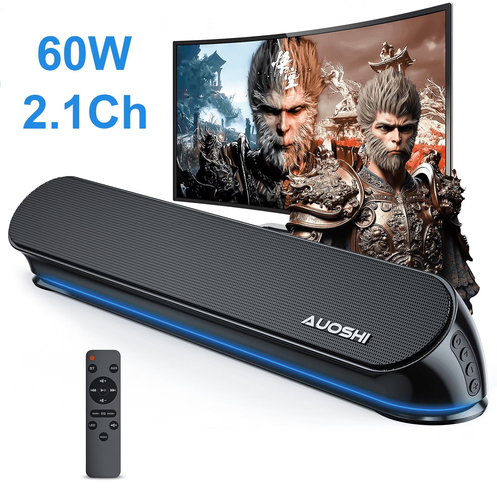 2.1Ch Small Sound Bar for TV, 60W Bluetooth Soundbar with Subwoofer & Remote Control, 5 EQ Modes, HDMI Arc/Optical/Aux/Usb, Home Theater Surround Sound System, 16.5 Inch
