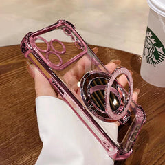 Women'S Phone Case with Mirror & Stand for Iphone 17 Promax/Pro/Air. Features a Pink Chrome Alloy Frame, High-Definition Transparent Material, Reinforced Corner Protection, and Full-Body Drop-Resistant Design.