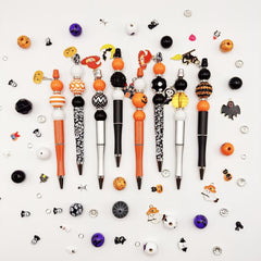 8PCS Black Orange Halloween Pumpkin Devil Castle Bat Theme DIY Bead Ballpoint Pen Acrylic Bead DIY Set DIY Bead Supplies, Paired with Colorful Halloween Pendant, Suitable for Office and Study Supplies for Party and Birthday Gifts to Friends