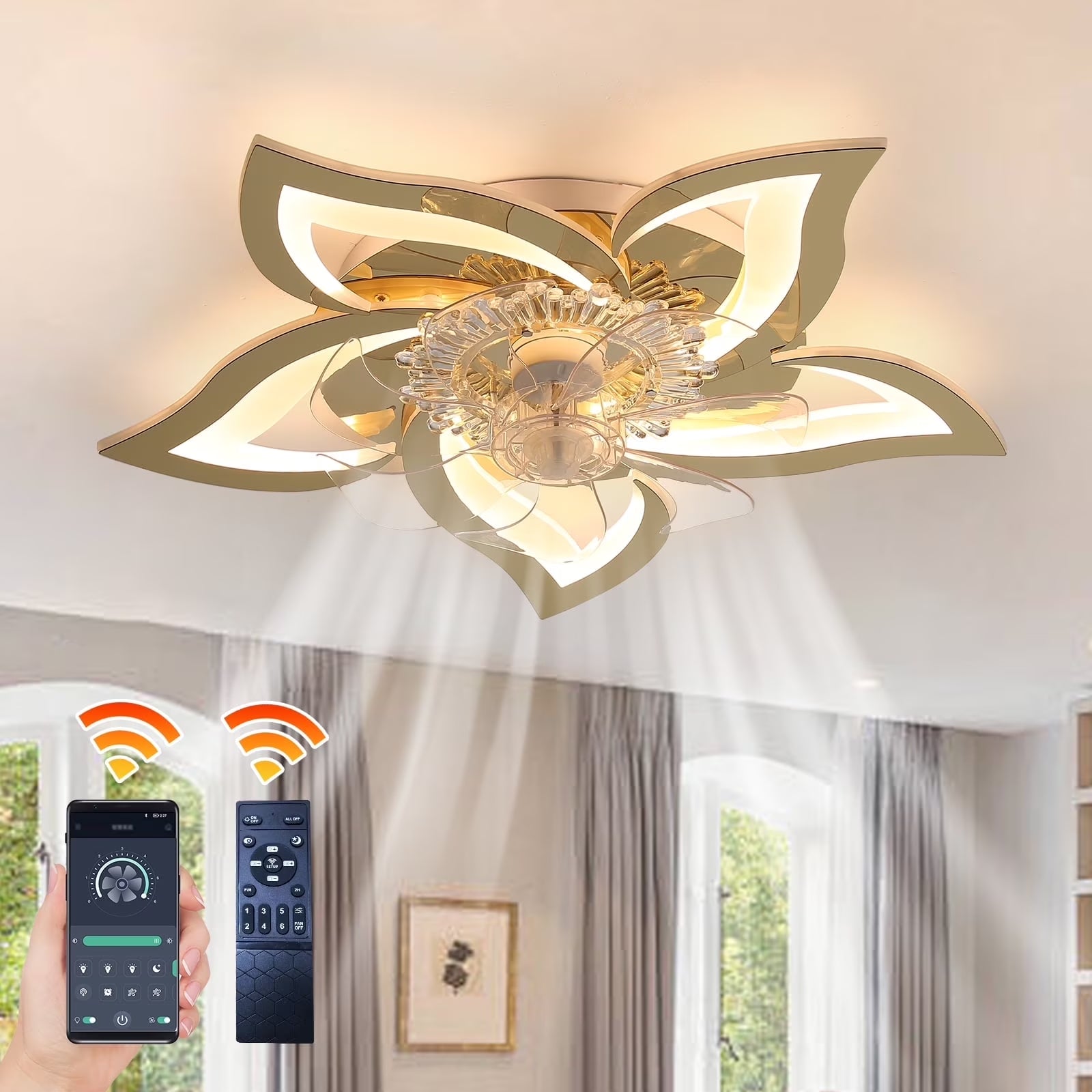 Flower Ceiling Fans with Lights and Remote, 24 Inch Modern Low Profile Flush Mount Ceiling Fan, Dimmable LED Ceiling Light Fixture, Small Ceiling Fans for Bedroom, Kitchen, Indoor-GOLD