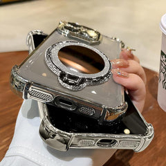Women'S Phone Case with Mirror & Stand for Iphone 17 Promax/Pro/Air. Features a Silver Chrome Alloy Frame, High-Definition Transparent Material, Reinforced Corner Protection, and Full-Body Drop-Resistant Design.