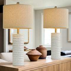 Ceramic Table Lamp Set of 2 24" White Contemporary Bedside Nightstand Lamps for Bedroom Living Room