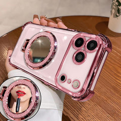 Women'S Phone Case with Mirror & Stand for Iphone 17 Promax/Pro/Air. Features a Pink Chrome Alloy Frame, High-Definition Transparent Material, Reinforced Corner Protection, and Full-Body Drop-Resistant Design.