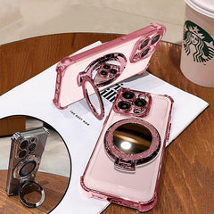 Women'S Phone Case with Mirror & Stand for Iphone 17 Promax/Pro/Air. Features a Pink Chrome Alloy Frame, High-Definition Transparent Material, Reinforced Corner Protection, and Full-Body Drop-Resistant Design.
