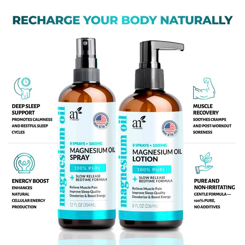 Artnaturals Magnesium Oil Spray 12 Oz + Body Massage Lotion Set 8Oz for Feet & Sleep - Extra Strength Cream Ultra-Pure, Relief & Relaxation, Muscle Health Leg & Joint Care Topical Non Itch