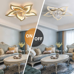 Flower Ceiling Fans with Lights and Remote, 24 Inch Modern Low Profile Flush Mount Ceiling Fan, Dimmable LED Ceiling Light Fixture, Small Ceiling Fans for Bedroom, Kitchen, Indoor-GOLD