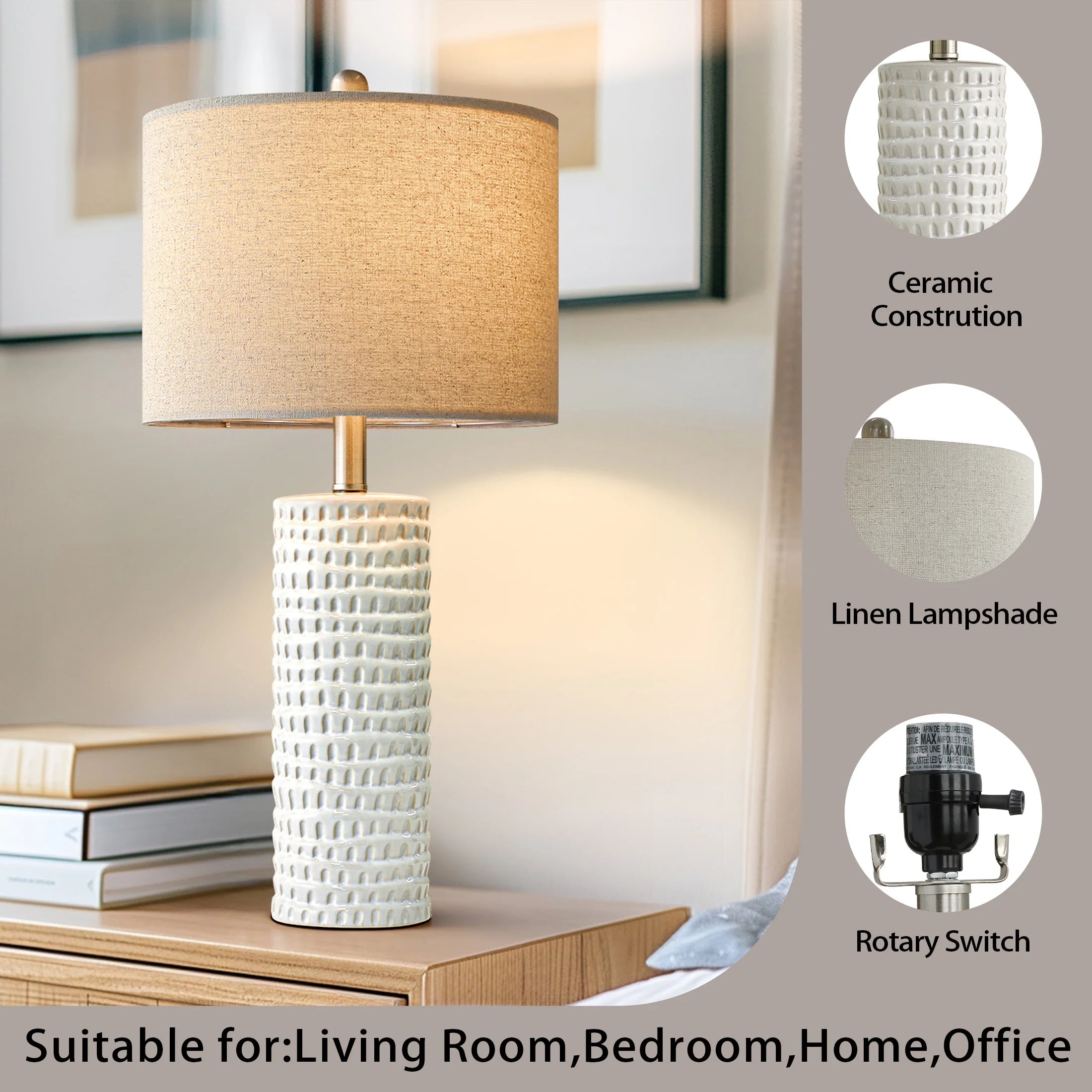 Ceramic Table Lamp Set of 2 24" White Contemporary Bedside Nightstand Lamps for Bedroom Living Room