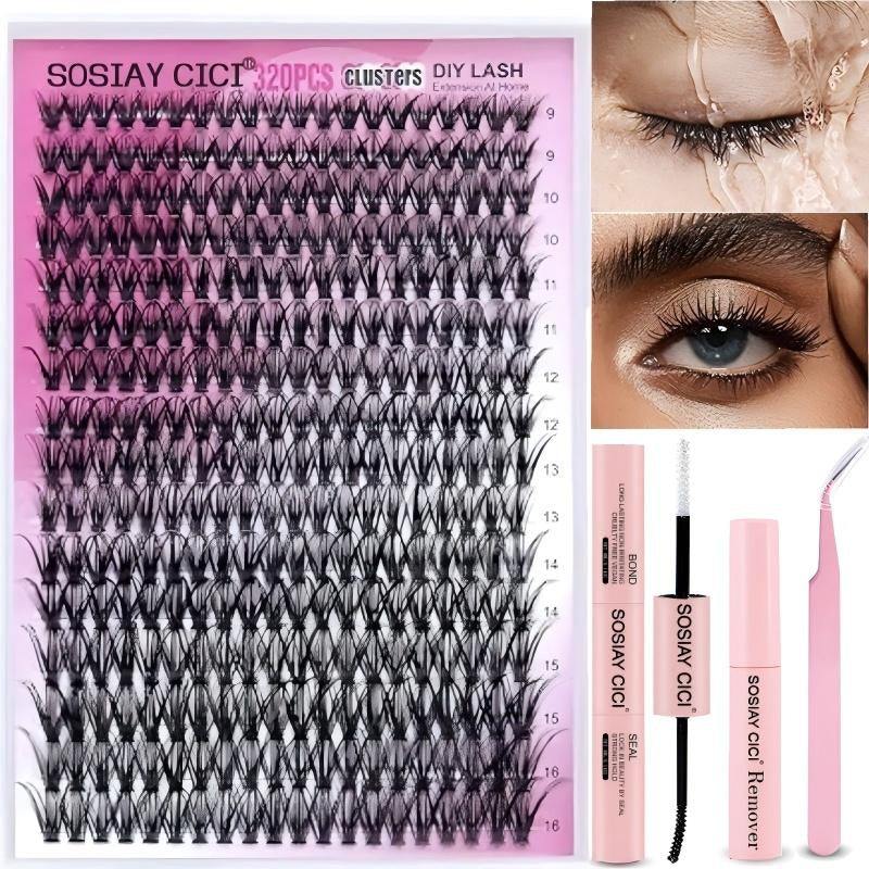 320PCS Lash Clusters DIY Lash Extensions Kit Individual Lashes Clusters 40D D Curl Eyelash Extension Kit with Applicator and Lash Bond & Seal, Lash Tweezers, Clusters Lash Glue Remover Mix 9-16Mm (40D-320 KIT)