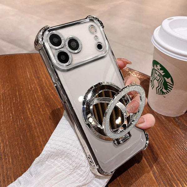 Women'S Phone Case with Mirror & Stand for Iphone 17 Promax/Pro/Air. Features a Silver Chrome Alloy Frame, High-Definition Transparent Material, Reinforced Corner Protection, and Full-Body Drop-Resistant Design.