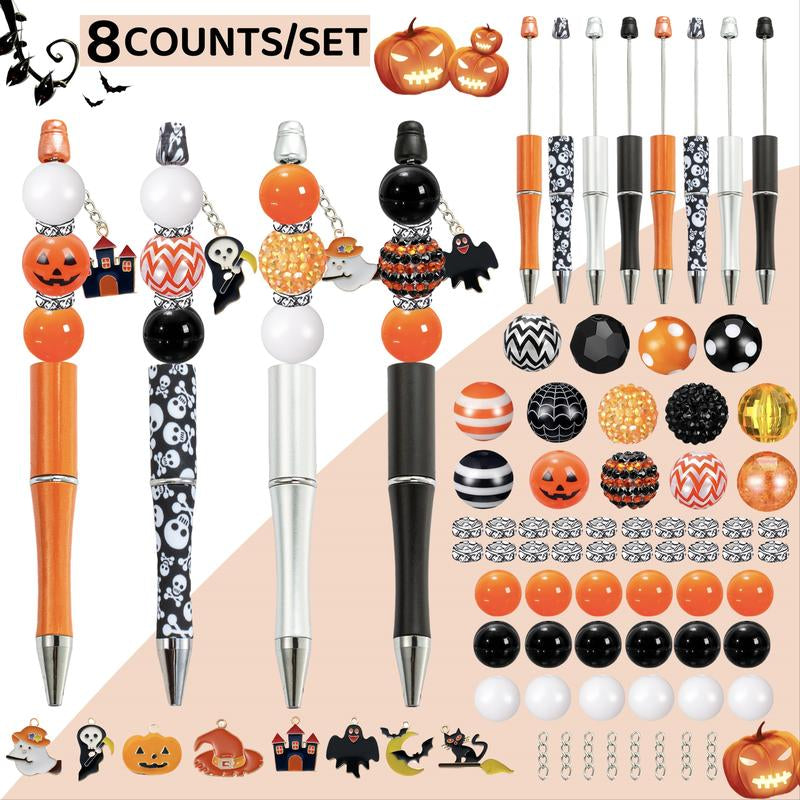 8PCS Black Orange Halloween Pumpkin Devil Castle Bat Theme DIY Bead Ballpoint Pen Acrylic Bead DIY Set DIY Bead Supplies, Paired with Colorful Halloween Pendant, Suitable for Office and Study Supplies for Party and Birthday Gifts to Friends