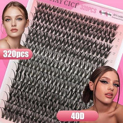 320PCS Lash Clusters DIY Lash Extensions Kit Individual Lashes Clusters 40D D Curl Eyelash Extension Kit with Applicator and Lash Bond & Seal, Lash Tweezers, Clusters Lash Glue Remover Mix 9-16Mm (40D-320 KIT)