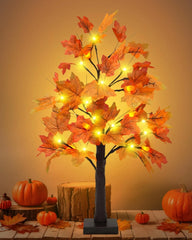 25" Artificial Fall Maple Leaves Light Tree, 24 LED Autumn Table Lights Wedding Party Fall Decorations for Home
