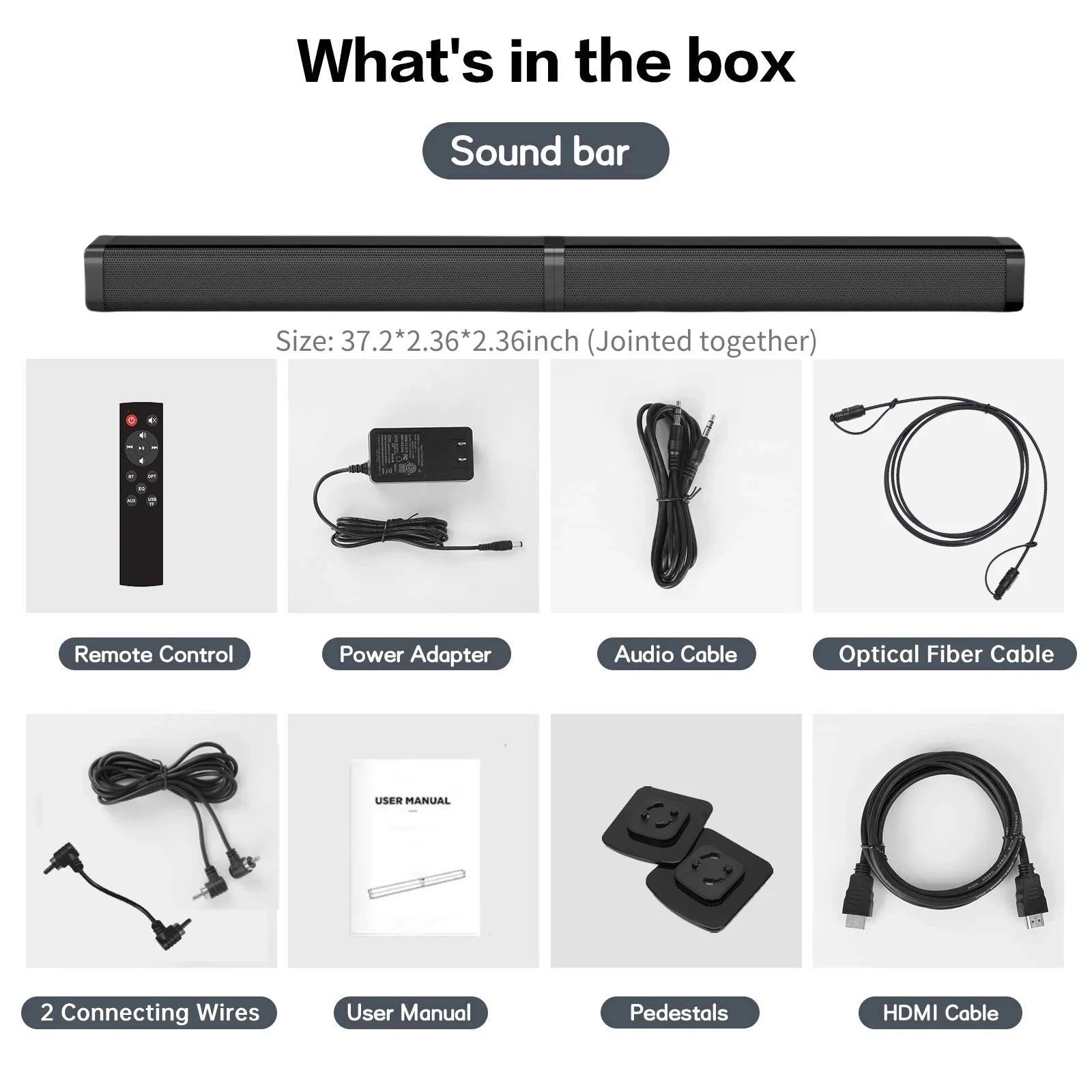 2 in 1 Separable Sound Bars for TV, Bluetooth 5.0 Surround Sound System for TV Wireless Connect, 37 Inch Soundbar for Home Theater, Arc/Optical/Usb Cables & Remote TV Speakers, Wall Mountable