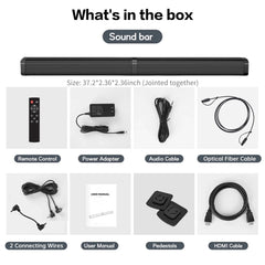 2 in 1 Separable Sound Bars for TV, Bluetooth 5.0 Surround Sound System for TV Wireless Connect, 37 Inch Soundbar for Home Theater, Arc/Optical/Usb Cables & Remote TV Speakers, Wall Mountable