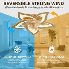 Flower Ceiling Fans with Lights and Remote, 24 Inch Modern Low Profile Flush Mount Ceiling Fan, Dimmable LED Ceiling Light Fixture, Small Ceiling Fans for Bedroom, Kitchen, Indoor-GOLD