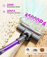 Cordless Vacuum Cleaner - 45000Pa 550W 55Mins 2600Mah Lightweight Stick Vacuum Cleaners for Home Pet Hair Carpet Floor Purple