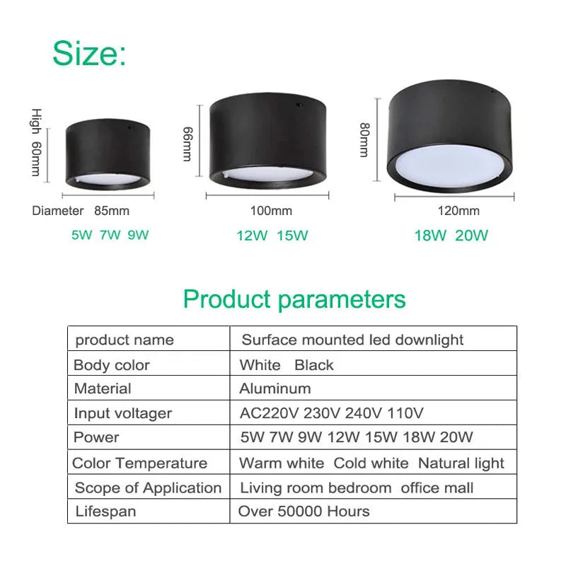 Dimmable Light Mounted Light 5W 7W 9W12W 15W LED down Light AC86V~265V Ceiling Light SMD Led Home Lighting Ceiling Light