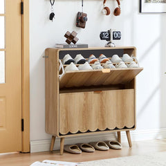 Giratree Shoe Storage Cabinet for Entryway with 2 4 Flip Drawers, Freestanding Narrow Wood Shoe Cabinet with Wave Panel, Hidden Shoe Organizer for Foyer, Hallway