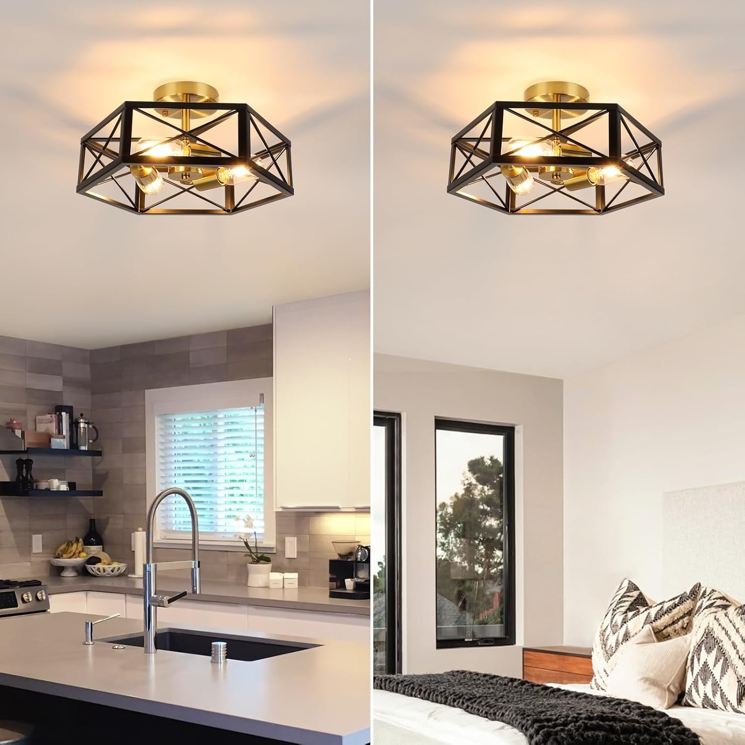 Kitchen Ceiling Light Fixtures - 3-Light Black Gold Ceiling Light Fixtures for H