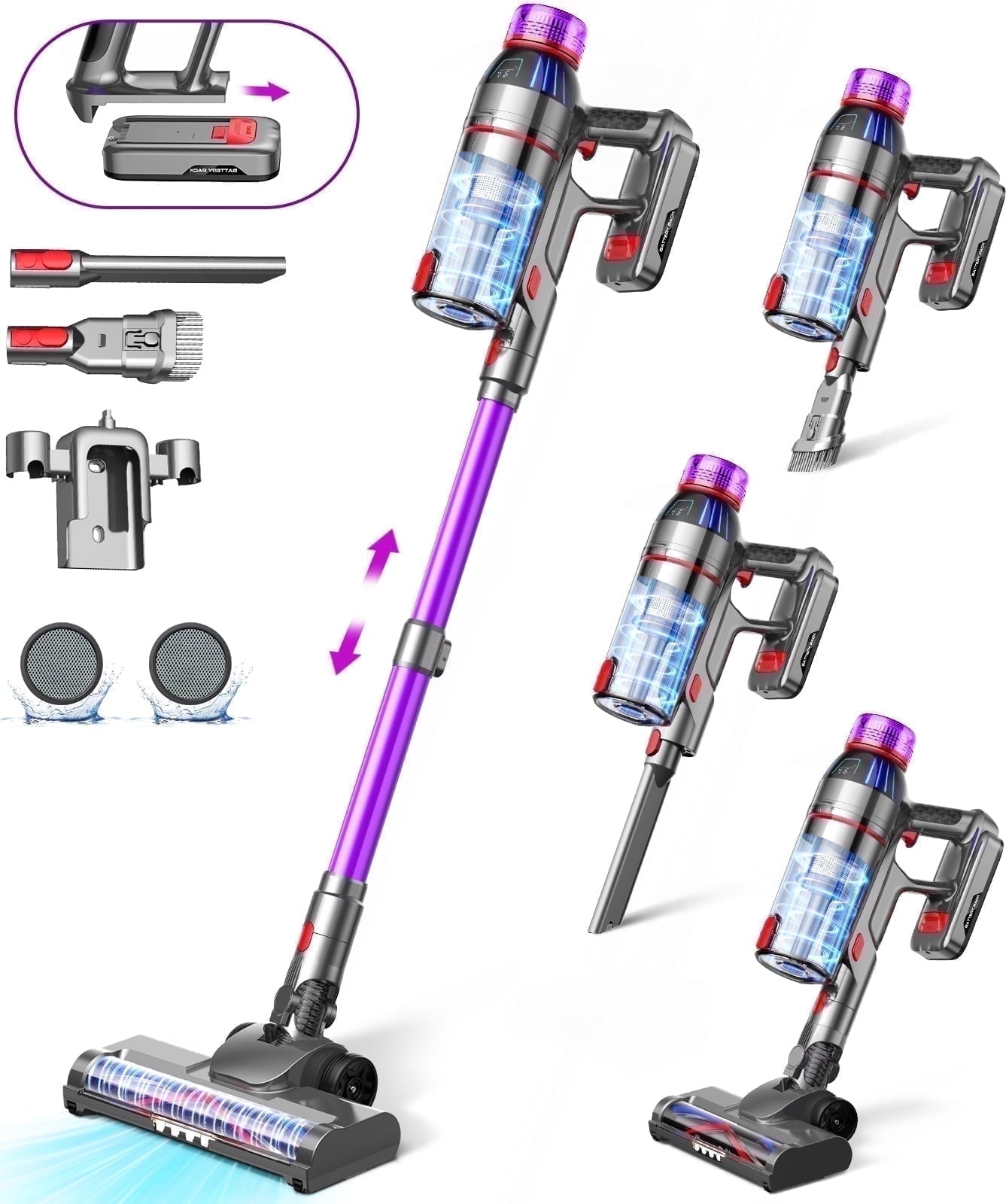Cordless Vacuum Cleaner - 45000Pa 550W 55Mins 2600Mah Lightweight Stick Vacuum Cleaners for Home Pet Hair Carpet Floor Purple