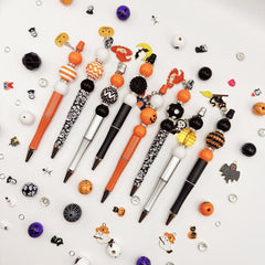 8PCS Black Orange Halloween Pumpkin Devil Castle Bat Theme DIY Bead Ballpoint Pen Acrylic Bead DIY Set DIY Bead Supplies, Paired with Colorful Halloween Pendant, Suitable for Office and Study Supplies for Party and Birthday Gifts to Friends