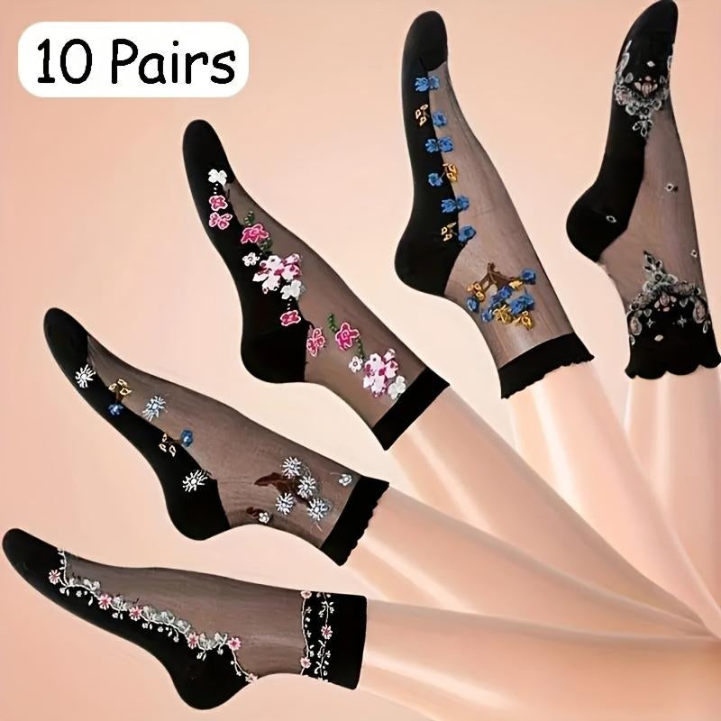 10 Pairs of Brightly Colored Floral Patterned Glass Stockings - Soft, Breathable and Comfortable Mid-Tube Stockings for Women - the Perfect Stockings and Stockings for Casual Attire, Work or Special Occasions