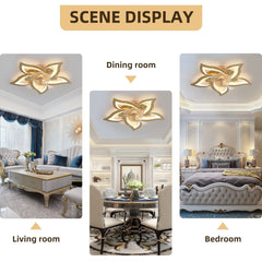 Flower Ceiling Fans with Lights and Remote, 24 Inch Modern Low Profile Flush Mount Ceiling Fan, Dimmable LED Ceiling Light Fixture, Small Ceiling Fans for Bedroom, Kitchen, Indoor-GOLD