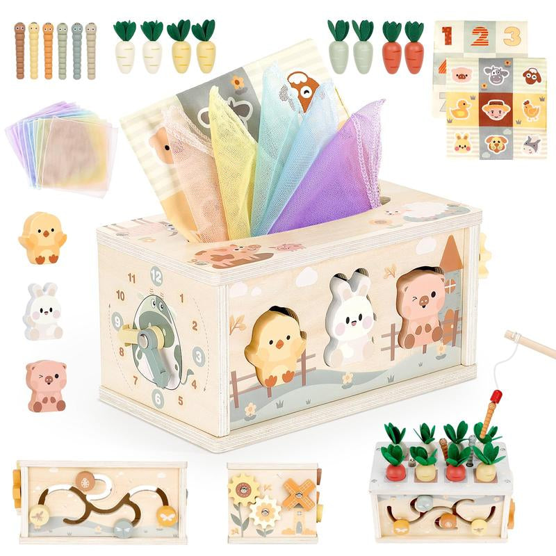 Baby Tissue Box Toy - Wooden Montessori Toys , Educational Baby Toys for Preschool Learning Fine Motor Skills, Activity Cube Sensory, Multifunctional Stuffers Learning Toy