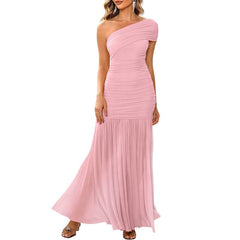 Aprilake Women'S Elegant Formal One Shoulder Sleeveless Ruched Bodycon Evening Vacation Mesh Long Dress